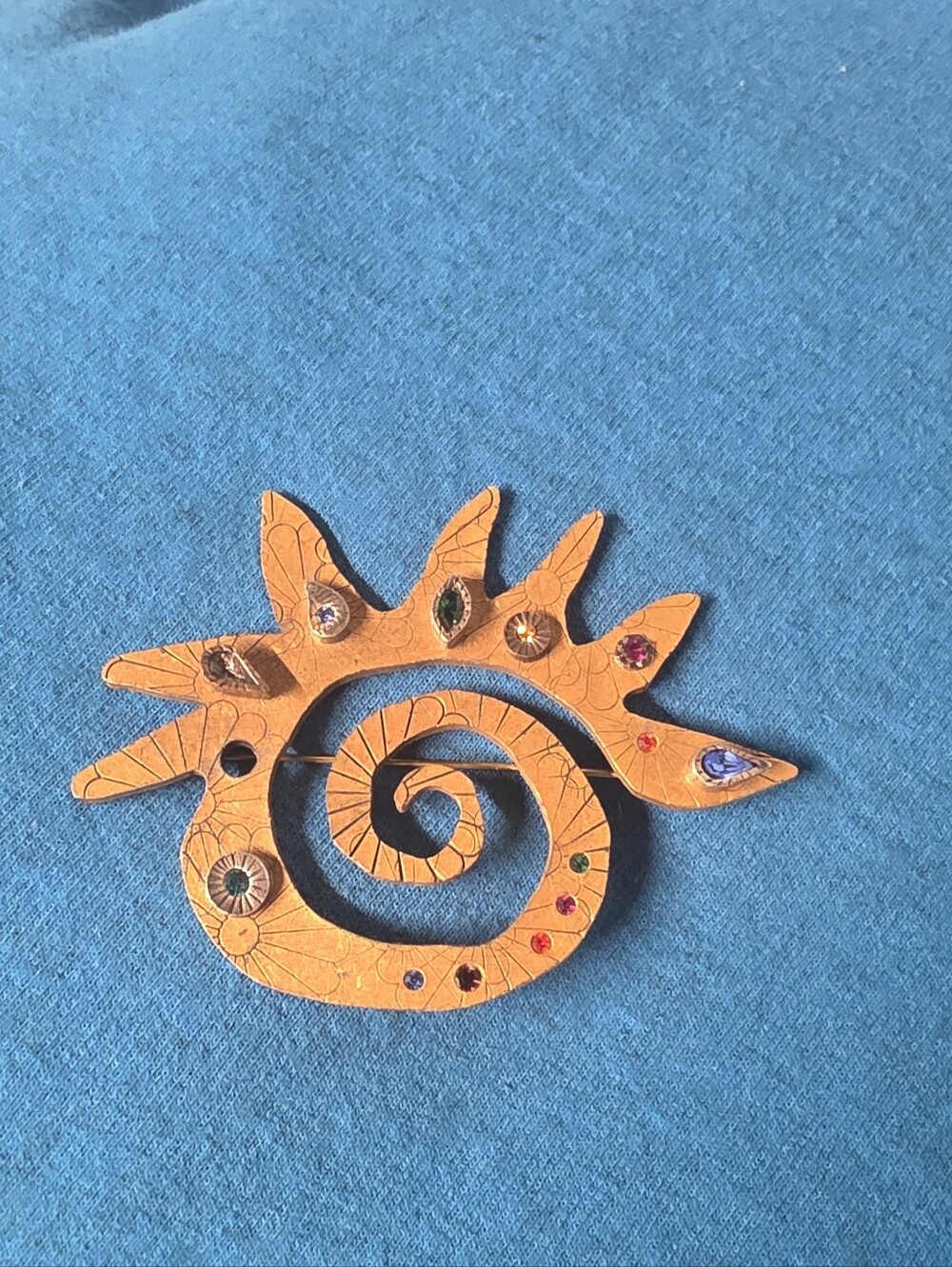 Gold Spiral Sunburst Brooch with Gems Vintage Patricia Locke